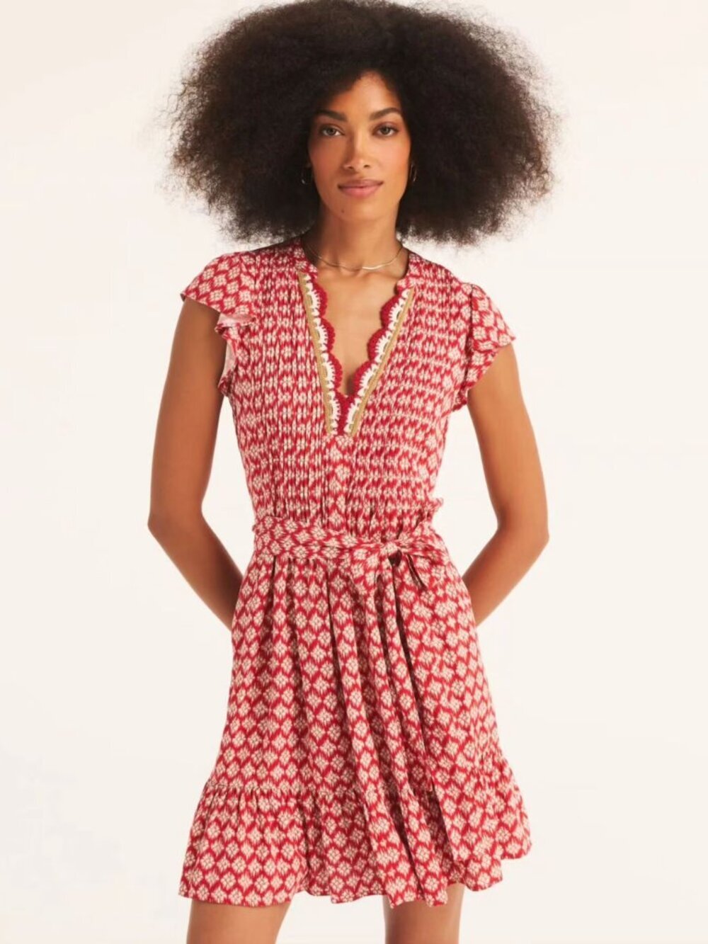 Nautica Jeans crochet trim dress shift red belt tan white tie flutter new Small
